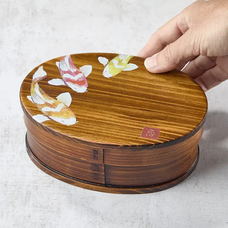 Lacquered cedar wood bento box, Koi pattern, 700 ml, 18013568 mm