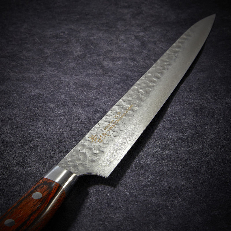 Coltello affettatore, lama Damasco 33 strati martellata 240 mm