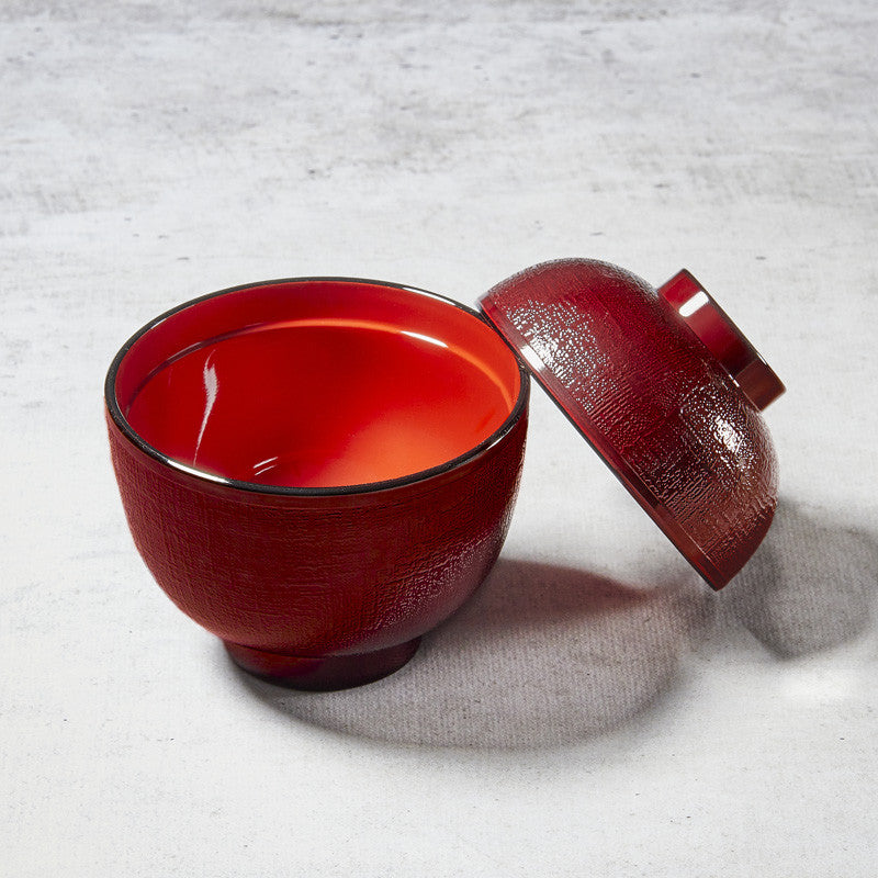Traditional miso soup bowl with random lines and fabric-like pattern