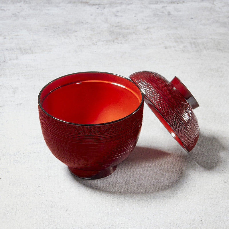 Traditional miso soup bowl with random lines and fabric-like pattern