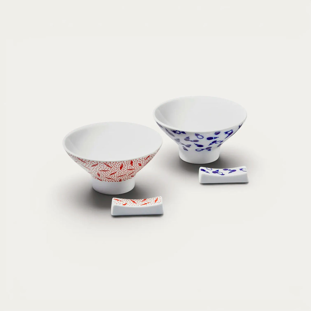 Porcelaine Nikko, 2 bols à riz + porte baguettes chanvre et daimyo